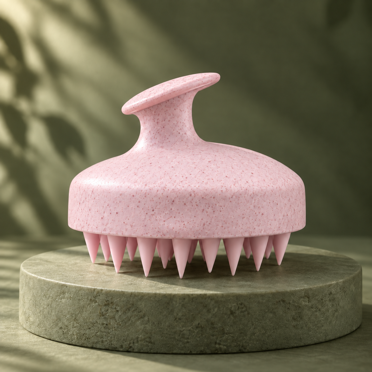 מברשת עיסוי לקרקפת בצבע ורוד על רקע ירוק