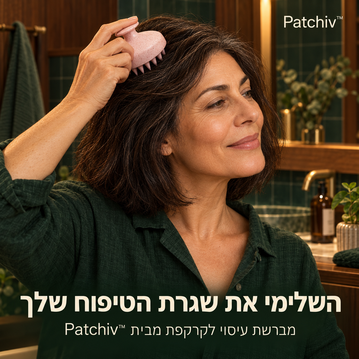 אישה משלבת מברשת ורודה בשגרת טיפוח הקרקפת